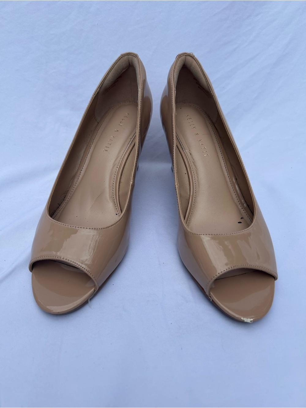 Beige Patent Peep-Toe Wedge Heels.  Graduation, wedding, business style